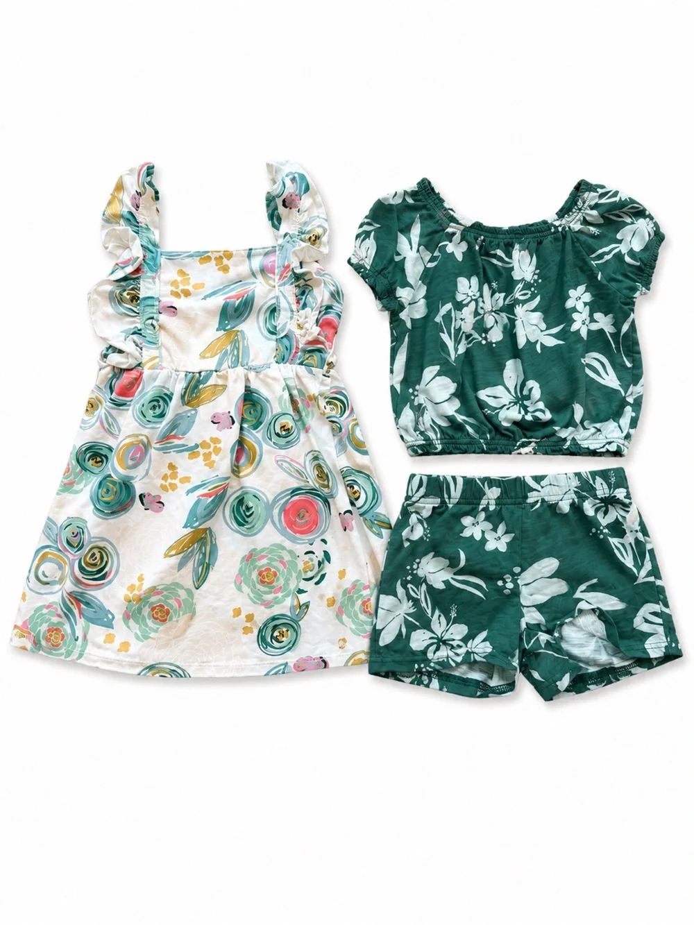 Girls 5T Summer Outfit Bundle  Floral sundress & top and short set 3 Piece Set